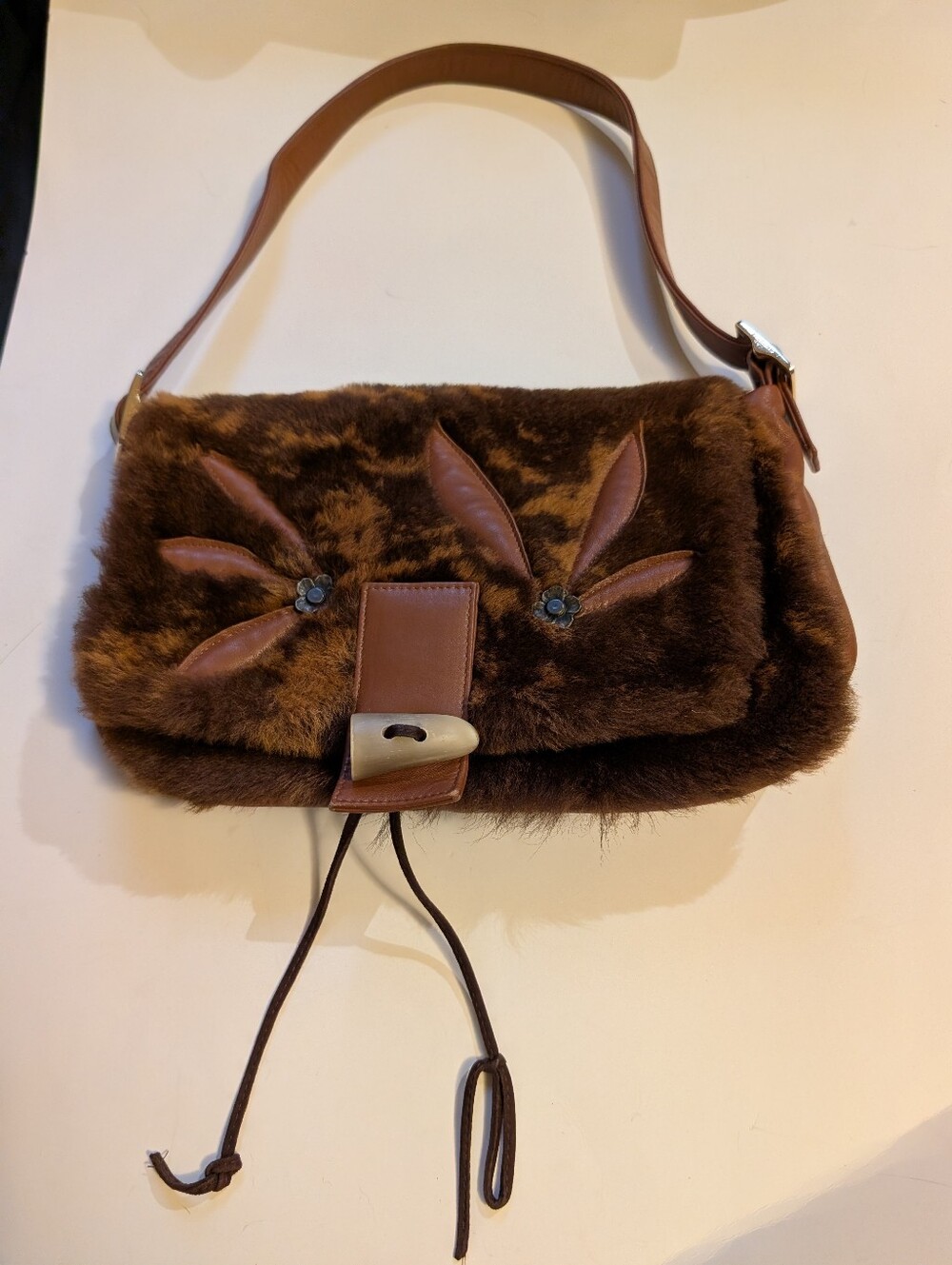 Vintage Moda Barberini Italy Fur Baguette Shoulder Bag Brown Leather Leaf Appliq
